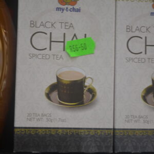Box of "My-t-chai" Black Chai Tea, containing 20 tea bags (50g) with a blend of premium black tea and traditional chai spices.
