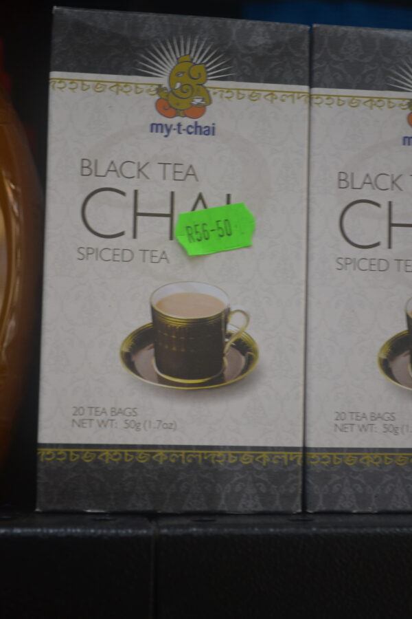 Box of "My-t-chai" Black Chai Tea, containing 20 tea bags (50g) with a blend of premium black tea and traditional chai spices.