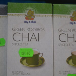 340g package of "My-t-chai" Green Rooibos Chai Tea, featuring a blend of green tea and traditional chai spices.