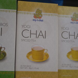 Box of "My-t-chai" Yogi Chai Tea, containing 20 tea bags (50g) with a blend of premium black tea and traditional chai spices.