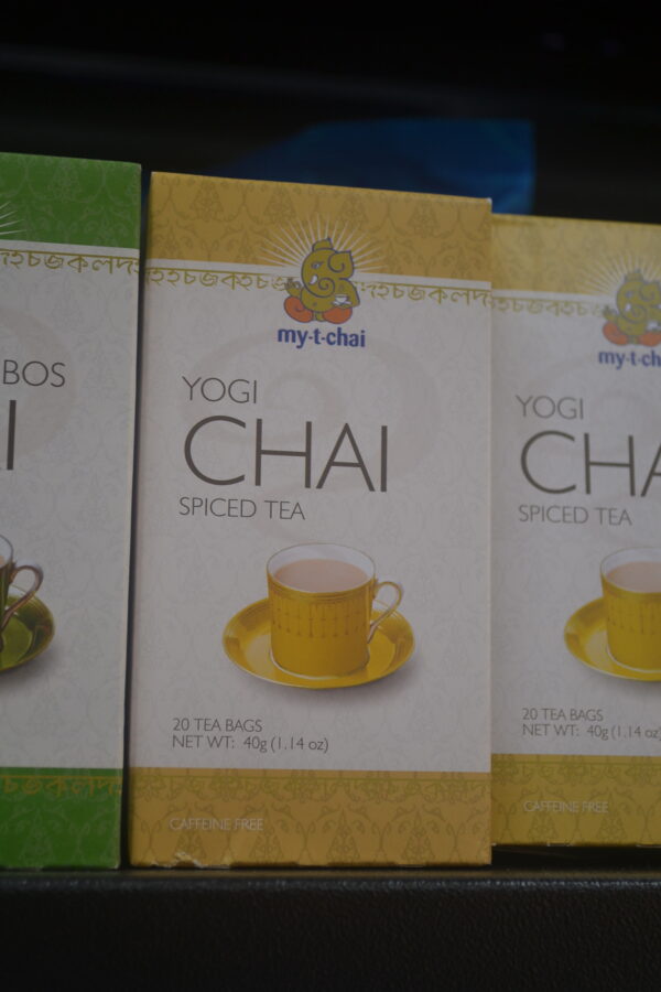 Box of "My-t-chai" Yogi Chai Tea, containing 20 tea bags (50g) with a blend of premium black tea and traditional chai spices.