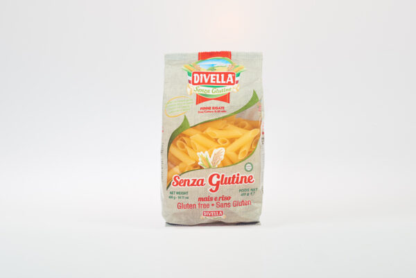 Divella Gluten Free Pasta package displaying three pasta shapes - fusilli, spaghetti, and penne - highlighting premium Italian gluten-free culinary option